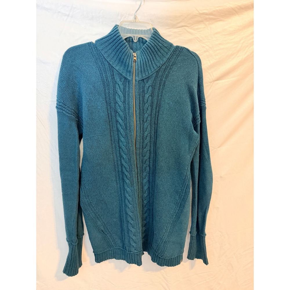 Eddie Bauer Teal Blue Cable Knit Full Zip Mock Neck Sweater Womens Tall Large TL